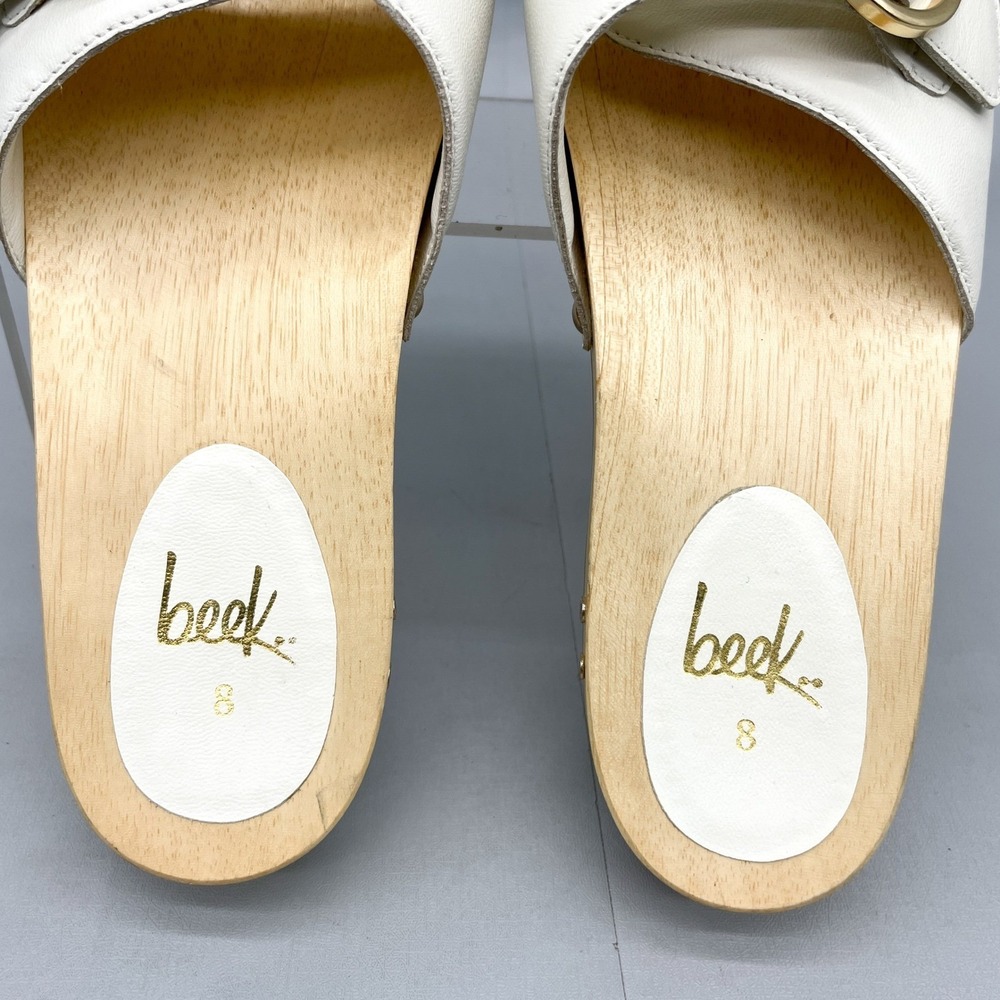 BeekWomens 8 Woodstar Clog Sandals White Leather Gold Buckle Slide Boho Coastal - Picture 10 of 12